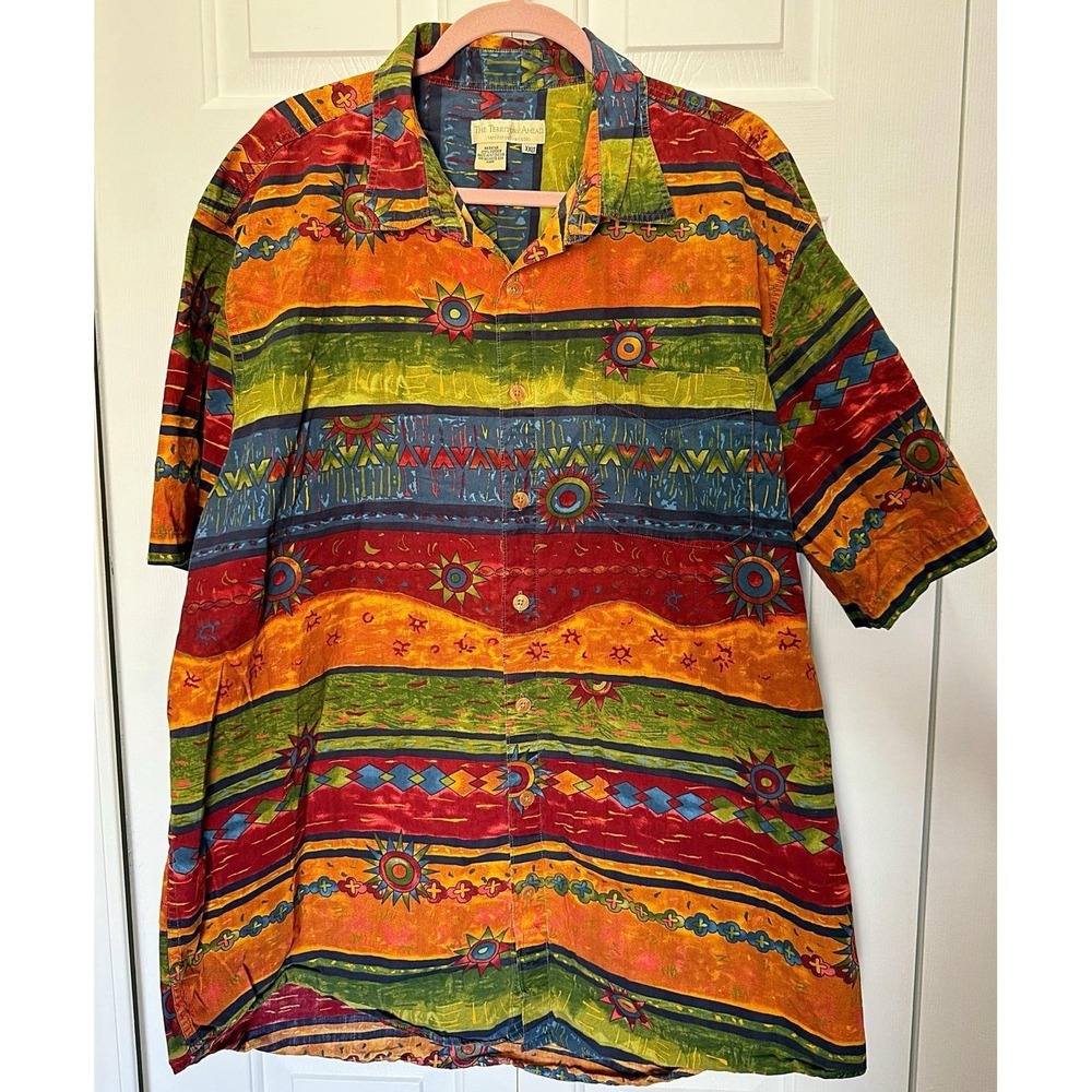 Vintage The Territory Ahead Short Sleeve Aztec Design Button Down Shirt 2 XL